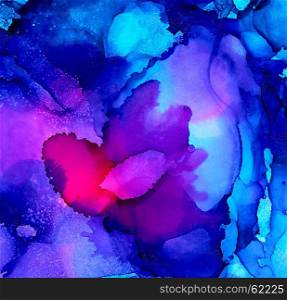 Abstract bright blue over hot pink.Colorful background hand drawn with bright inks and watercolor paints. Color splashes and splatters create uneven artistic modern design.