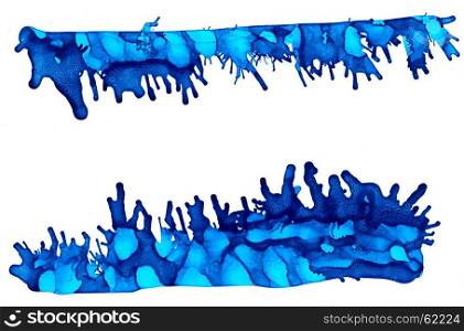 Abstract bright blue splashes isolated.Colorful background hand drawn with bright inks and watercolor paints. Color splashes and splatters create uneven artistic modern design.