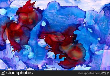 Abstract bright blue splatters with red splatters.Colorful background hand drawn with bright inks and watercolor paints. Color splashes and splatters create uneven artistic modern design.