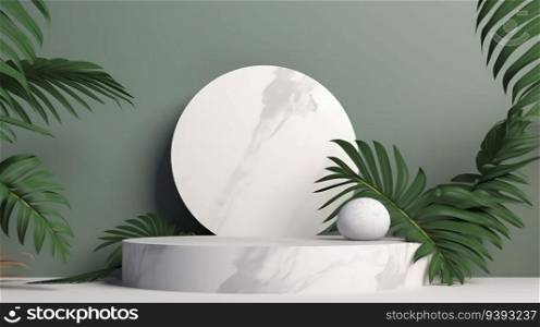 Abstract bright color springtime minimal round podium for product display with plant and green leaves on natural background. Marble podium. Product presentation, mock up, show cosmetic product.