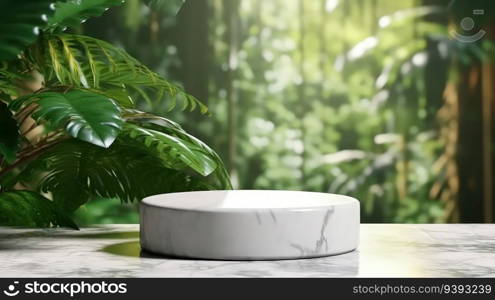 Abstract bright color springtime minimal round podium for product display with plant and green leaves on natural background. Marble podium. Product presentation, mock up, show cosmetic product.