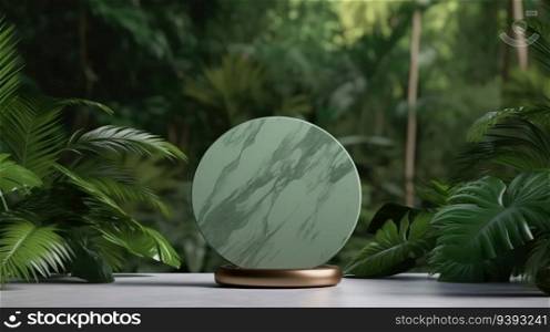 Abstract bright color springtime minimal round podium for product display with plant and green leaves on natural background. Marble podium. Product presentation, mock up, show cosmetic product.