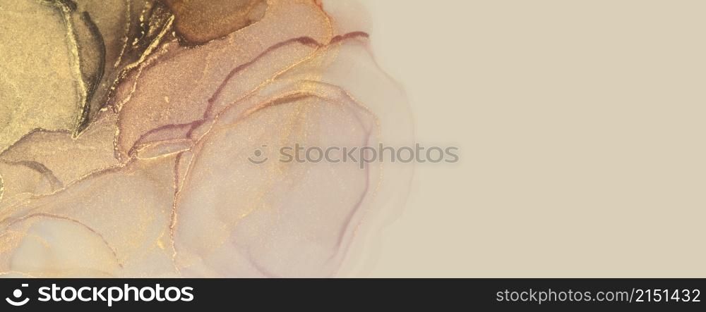Abstract brown and gold glitter color horizontal long background. Marble texture. Alcohol ink.
