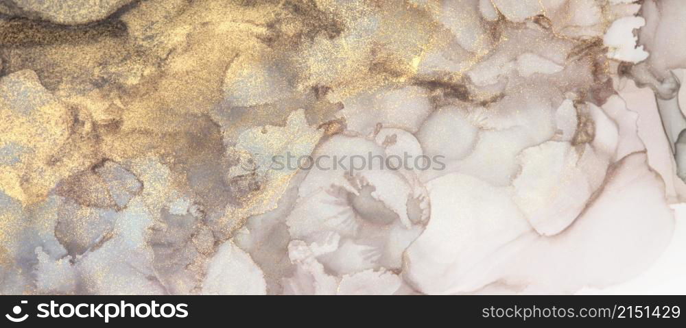 Abstract brown and gold glitter color horizontal long background. Marble watercolor texture. Alcohol ink colors.