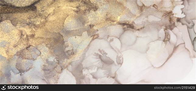 Abstract brown and gold glitter color horizontal long background. Marble watercolor texture. Alcohol ink colors.