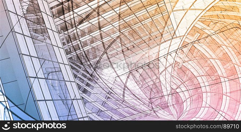 Abstract Building Concept with Blueprint Sketch Art. Abstract Building