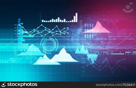 Abstract business chart with uptrend line graph, bar chart and diagram in bull market on dark blue background.
