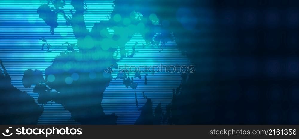 Abstract Business Information Technology background concept. World map in blue color background. Panoramic Horizontal Design and Copy space.