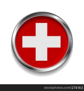 Abstract button with metallic frame. Swiss flag