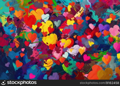 Abstract canvas bursts with multicolored hearts by generative AI