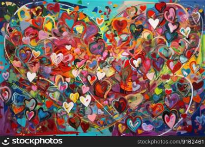 Abstract canvas bursts with multicolored hearts by generative AI