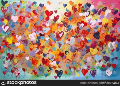Abstract canvas bursts with multicolored hearts by generative AI