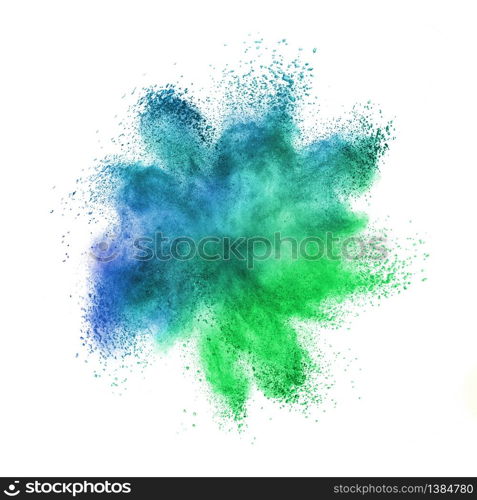 Abstract chaotic powder or dust explosion in green and blue colors on a white background with copy space.. Chaotic explosion in blue-green colors on a white background.