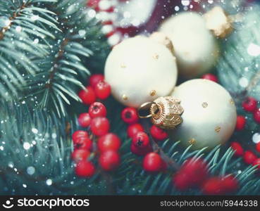 Abstract Christmas backgrounds with holiday decorations and red berries