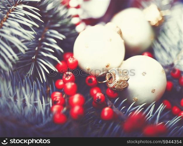 Abstract Christmas backgrounds with holiday decorations and red berries
