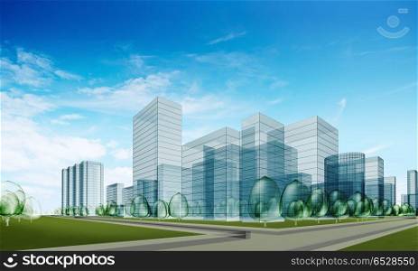 Abstract city 3d rendering. Abstract city. Transparent 3d rendering modern construction