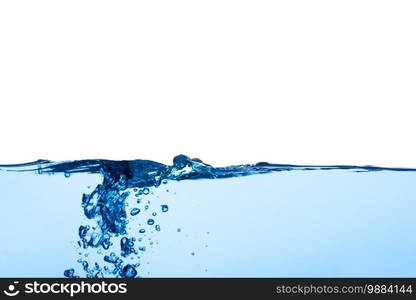 Abstract clean flow ripple surface on liquid. Light blue water wave with air bubbles and a little bit splashed underwater, studio shot isolated on white background