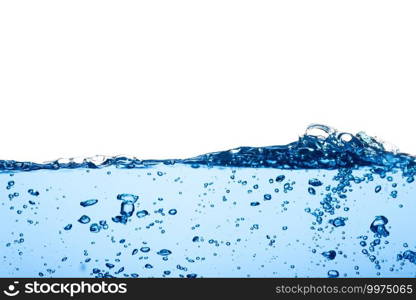 Abstract clean flow ripple surface on liquid. Light blue water wave with air bubbles and a little bit splashed underwater, studio shot isolated on white background