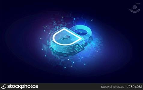 Abstract closed lock without key. isometric vector image on dark background. Protect or security symbol. Cyber Security Icon.