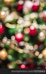 Abstract color blur decoration ball and light string on christmas tree with bokeh light background.winter holiday seasonal