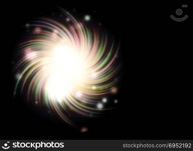 Abstract colorful exploding star, light burst on black background.