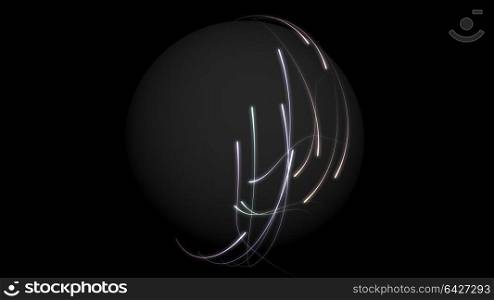 Abstract colorful glowing rays of light enveloping the sphere on black background. Hi-res illustration for your brochure, flyer, banner designs and other projects. 3D render illustration. Abstract colorful glowing rays of light enveloping the sphere on black background. Hi-res illustration for your brochure, flyer, banner designs and other projects. 3D render illustration.