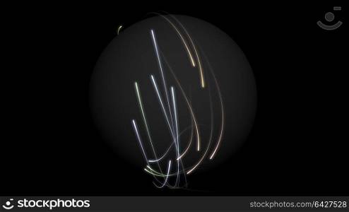 Abstract colorful glowing rays of light enveloping the sphere on black background. Hi-res illustration for your brochure, flyer, banner designs and other projects. 3D render illustration. Abstract colorful glowing rays of light enveloping the sphere on black background. Hi-res illustration for your brochure, flyer, banner designs and other projects. 3D render illustration.
