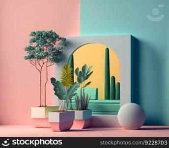 Abstract colorful interior with plants and minimalistic decorations. Vivid colored architectural background. Generated AI. Abstract colorful interior with plants and minimalistic decorations. Vivid colored architectural background. Generated AI.