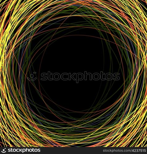 Abstract colorful scribbles on a black background with space for text