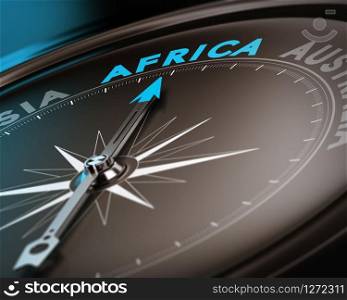 Abstract compass needle pointing the destination africa, blue and brown tones with focus on the main word. Concept image suitable for illustration of trip counseling.. Travel destination - Africa