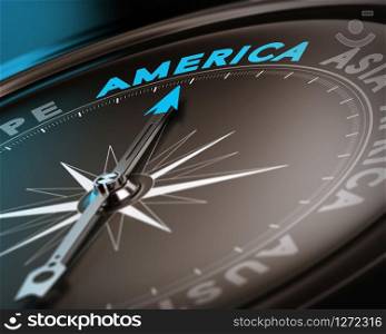 Abstract compass needle pointing the destination america, blue and brown tones with focus on the main word. Concept image suitable for illustration of trip counseling.. Travel destination - America