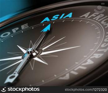 Abstract compass needle pointing the destination asia, blue and brown tones with focus on the main word. Concept image suitable for illustration of trip counseling.. Travel destination - Asia