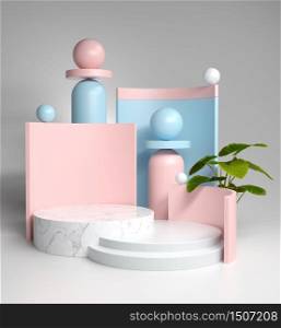 Abstract composition garden plant display pastel blank for show products and cosmetics with marble stand, 3d illustration