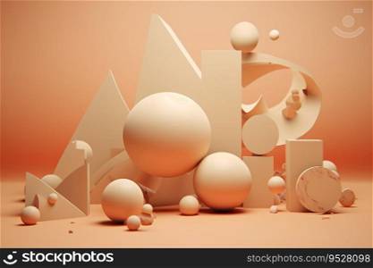 abstract composition of 3D geometric shapes on a beige background. The shapes are arranged in a minimalist style. Generative AI