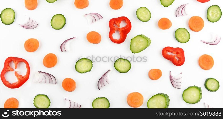 Abstract composition of vegetables. Vegetable pattern. Food background. Wide photo. Flat lay, top view.