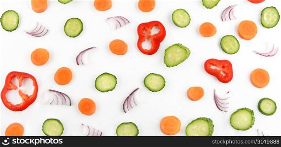 Abstract composition of vegetables. Vegetable pattern. Food background. Wide photo. Flat lay, top view.