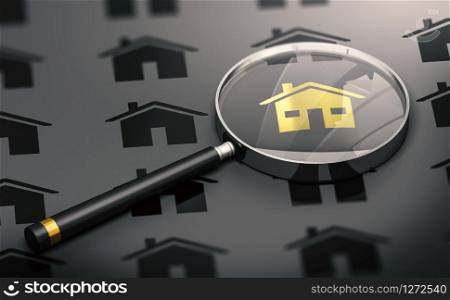Abstract Concept. Many black properties and one golden house standing out from the crowd and a magnifying glass. 3D illustration. Real Estate Concept, Property Search and One Golden Unique House.