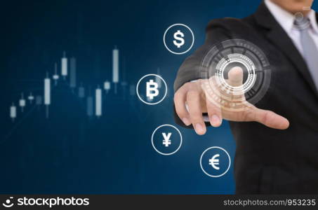 Abstract Concept of Men Trading Currency Using Touch Screen Features. Global Currency Trader Concept.