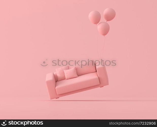 Abstract conceptual idea of pink sofa is floating up by balloons on pink background, minimal style. 3D rendering