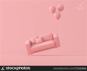 Abstract conceptual idea of pink sofa is floating up by balloons on pink background, minimal style. 3D rendering