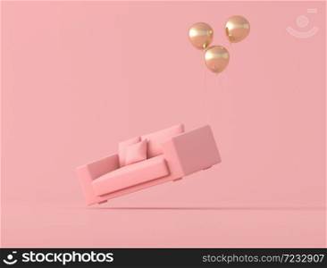 Abstract conceptual idea of pink sofa is floating up by gold balloons isolated on pink background, minimal style. 3D rendering