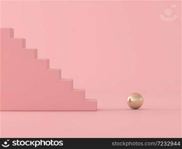 Abstract conceptual of pink stair and gold sphere,minimal style, 3D rendering.