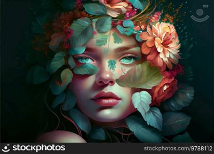 Abstract contemporary art collage portrait of young woman with flowers on her head. Abstract contemporary art collage portrait of young woman