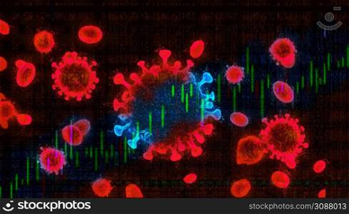 Abstract coronavirus economic infographics 3D concept with charts, graphs and world map in the background and a virus cell in the centre