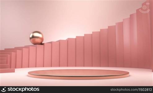 Abstract cosmetic background with pink stairs and golden stage,podium or pedestal. 3D illustration. Perfect background for presenting, branding or identity of your product or company. Place object or product on podium.. Abstract cosmetic background with pink stairs and golden stage,podium or pedestal. 3D render. Perfect background for presenting, branding or identity of your product or company. Place object or product on podium.