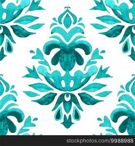 Abstract damask hand drawn floral design. Abstract seamless ornamental watercolor paint pattern for fabric. Blue and wite azulejo decorative element.