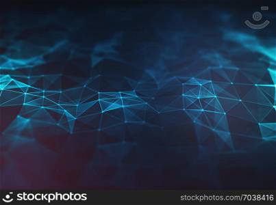Abstract dark blue polygonal terrain relief low poly background. Connecting dots and lines in triangle polygonal structure. Illustration for branding, science, wallpaper, graphic design.