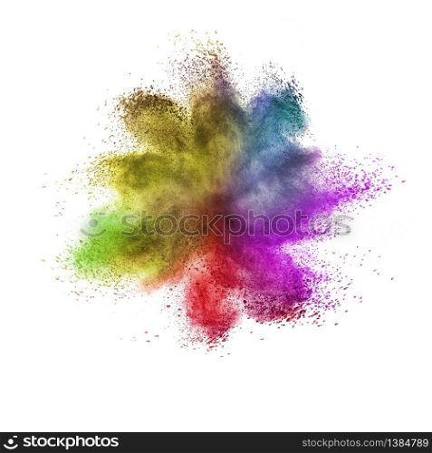 Abstract decorative chaotic powder or dust colorful explosion on a white background with copy space.. Creative colorful dust or powder splash on a white background.