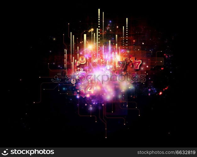 Abstract design made of symbols, lights, fractal elements on the subject of digital communications, science and virtual cloud technology