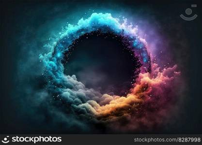 Abstract design of circle shape clouds with dying colorful particles exploding. Concept of mystery outer over dark background with glowing light geometric design. Finest generative AI.. Abstract design of circle shape clouds with dying colorful particles explosion.